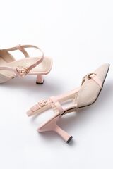 K-250 Pudra Keten Günlük Arkası Açık Tokalı Topuklu Kadın Ayakkabı