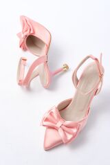 İNF-4505 Pembe Saten Günlük Arkası Açık Kurdele detaylı Topuklu Bayan Ayakkabı