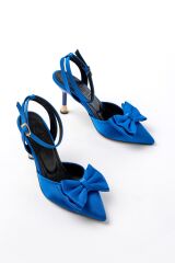 İNF-4505 Mavi Saten Günlük Arkası Açık Kurdele detaylı Topuklu Bayan Ayakkabı