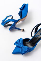 İNF-4505 Mavi Saten Günlük Arkası Açık Kurdele detaylı Topuklu Bayan Ayakkabı