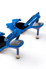 İNF-4505 Mavi Saten Günlük Arkası Açık Kurdele detaylı Topuklu Bayan Ayakkabı