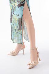 İNF-4505 Bej Saten Günlük Arkası Açık Kurdele detaylı Topuklu Bayan Ayakkabı