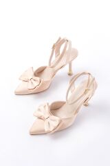 İNF-4505 Bej Saten Günlük Arkası Açık Kurdele detaylı Topuklu Bayan Ayakkabı