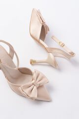 İNF-4505 Bej Saten Günlük Arkası Açık Kurdele detaylı Topuklu Bayan Ayakkabı