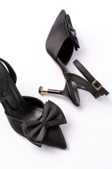 İNF-4505 Siyah Saten Günlük Arkası Açık Kurdele detaylı Topuklu Bayan Ayakkabı