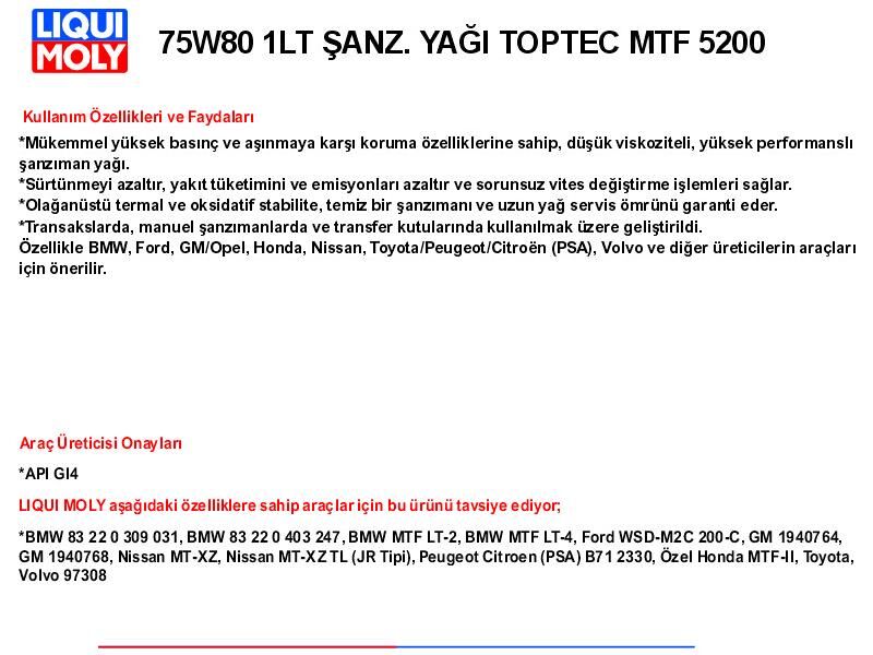 75W80 1LT ŞANZ. YAĞ TOPTEC MTF 5200