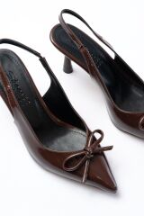 İNF-4500 Kahve Rugan Günlük Arkası Açık Fiyonklu Topuklu Bayan Ayakkabı