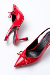 İNF-4500 Kırmızı Rugan Günlük Arkası Açık Fiyonklu Topuklu Bayan Ayakkabı