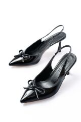 İNF-4500 Siyah Rugan Günlük Arkası Açık Fiyonklu Topuklu Bayan Ayakkabı