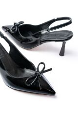 İNF-4500 Siyah Rugan Günlük Arkası Açık Fiyonklu Topuklu Bayan Ayakkabı