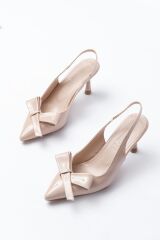 İNF-4501 Bej Rugan Günlük Arkası Açık Fiyonklu Topuklu Bayan Ayakkabı