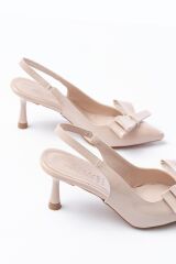 İNF-4501 Bej Rugan Günlük Arkası Açık Fiyonklu Topuklu Bayan Ayakkabı