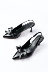 İNF-4501 Siyah Rugan Günlük Arkası Açık Fiyonklu Topuklu Bayan Ayakkabı