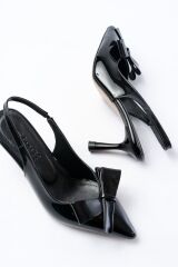 İNF-4501 Siyah Rugan Günlük Arkası Açık Fiyonklu Topuklu Bayan Ayakkabı