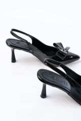 İNF-4501 Siyah Rugan Günlük Arkası Açık Fiyonklu Topuklu Bayan Ayakkabı