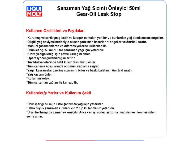 ŞANZIMAN YAĞ SIZINTI ÖNLEYİCİ 50 ML GEAR OIL LEAK STOP