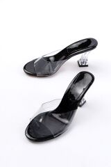 S-619 Siyah Rugan Şeffaf Bantlı Şeffaf Topuklu Yuvarlak Burunlu Kadın Terlik