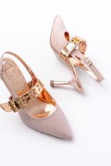 İNF-260 Rose Simli Günlük Arkası Açık Baret Tokalı Topuklu Bayan Ayakkabı