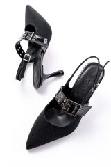 İNF-260 Siyah Simli Günlük Arkası Açık Baret Tokalı Topuklu Bayan Ayakkabı