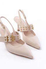 İNF-260 Bej Günlük Arkası Açık Baret Tokalı Topuklu Bayan Ayakkabı