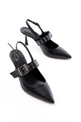 İNF-260 Siyah Günlük Arkası Açık Baret Tokalı Topuklu Bayan Ayakkabı