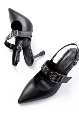 İNF-260 Siyah Günlük Arkası Açık Baret Tokalı Topuklu Bayan Ayakkabı