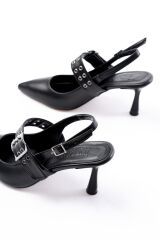 İNF-260 Siyah Günlük Arkası Açık Baret Tokalı Topuklu Bayan Ayakkabı