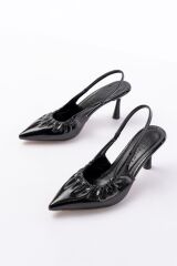 İNF-40451 Siyah Kırışık Rugan Günlük Arkası Açık Topuklu Bayan Ayakkabı