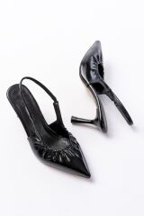 İNF-40451 Siyah Kırışık Rugan Günlük Arkası Açık Topuklu Bayan Ayakkabı