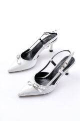 İNF-2300 Beyaz Rugan Günlük Arkası Açık Fiyonklu Topuklu Bayan Ayakkabı