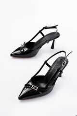 İNF-2300 Siyah Rugan Günlük Arkası Açık Fiyonklu Topuklu Bayan Ayakkabı