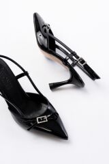 İNF-2300 Siyah Rugan Günlük Arkası Açık Fiyonklu Topuklu Bayan Ayakkabı