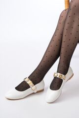 İNF-6363 Beyaz Baret Tokalı Günlük Bayan Ayakkabı