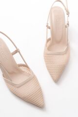 K-607 Bej Günlük Fileli Arkası Açık 7 cm Topuklu Bayan Ayakkabı