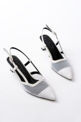 K-607 Beyaz Günlük Fileli Arkası Açık 7 cm Topuklu Bayan Ayakkabı