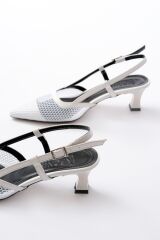 K-607 Beyaz Günlük Fileli Arkası Açık 7 cm Topuklu Bayan Ayakkabı