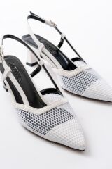 K-607 Beyaz Günlük Fileli Arkası Açık 7 cm Topuklu Bayan Ayakkabı