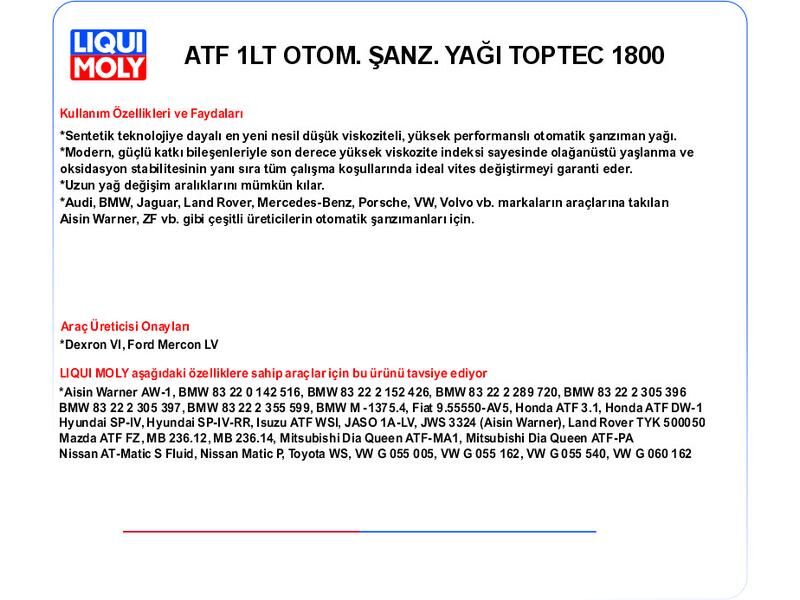 ATF 1LT OTOM. ŞANZ. YAĞ TOPTEC 1800