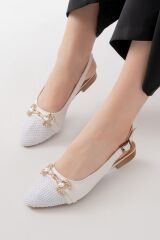 İNF-120 Beyaz Günlük Fileli Taş Aksesuarlı Kadın Babet