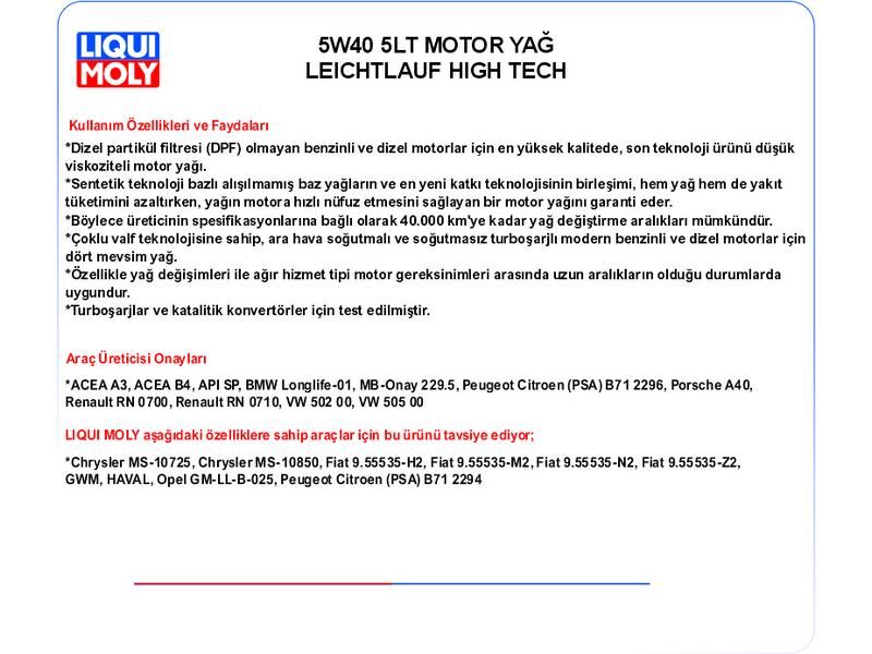5W40 5LT MOTOR YAĞ LEICHT­LAUF HIGH TECH