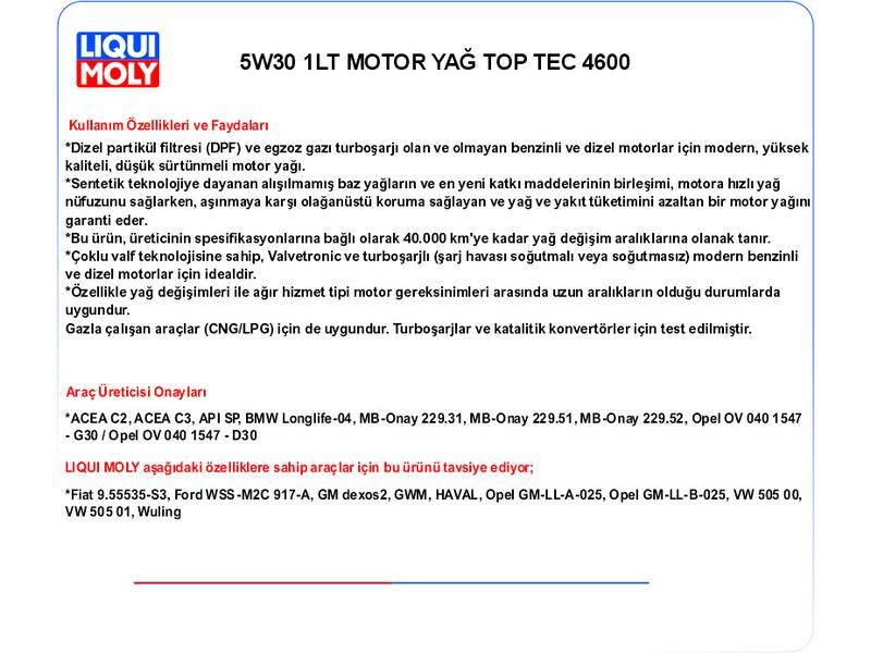 5W30 1LT MOTOR YAĞ  TOPTEC 4600