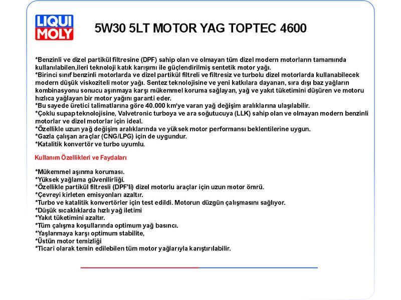 5W30 5LT MOTOR YAĞ TOPTEC 4600