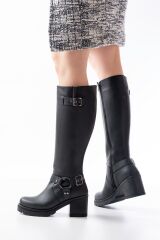 767-3005 Siyah Toka Aksesuarlı Fermuarlı Günlük Kalın Topuklu Kadın Bot