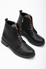 165-225 Siyaha Leopar Bağcıklı Fermuarlı Günlük Kadın Bot