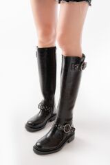 2024-3004 Siyah Kroko Toka Aksesuarlı Lastikli Fermuarlı Günlük Kadın Çizme