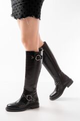 2024-3004 Siyah Kroko Toka Aksesuarlı Lastikli Fermuarlı Günlük Kadın Çizme