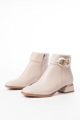 RM-504 Bej Toka Aksesuarlı Topuklu Fermuarlı Günlük Kadın Bot