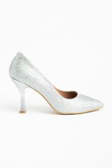 K-114 Gümüş Ağaç Kabuğu Desenli Sivri Burunlu  Topuklu Kadın Ayakkabı
