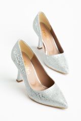 K-114 Gümüş Ağaç Kabuğu Desenli Sivri Burunlu  Topuklu Kadın Ayakkabı