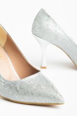 K-114 Gümüş Ağaç Kabuğu Desenli Sivri Burunlu  Topuklu Kadın Ayakkabı